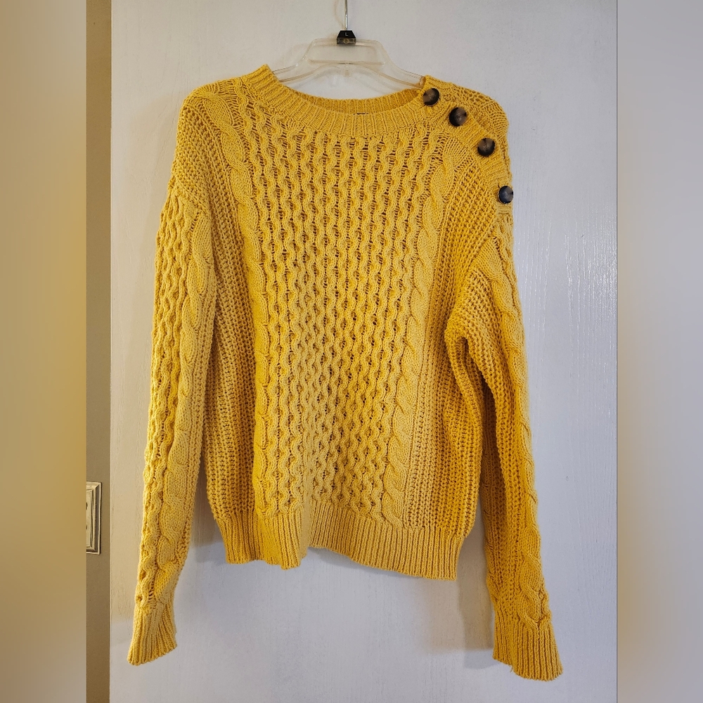 Loft Yellow Cable Knit Sweater with Button Detail